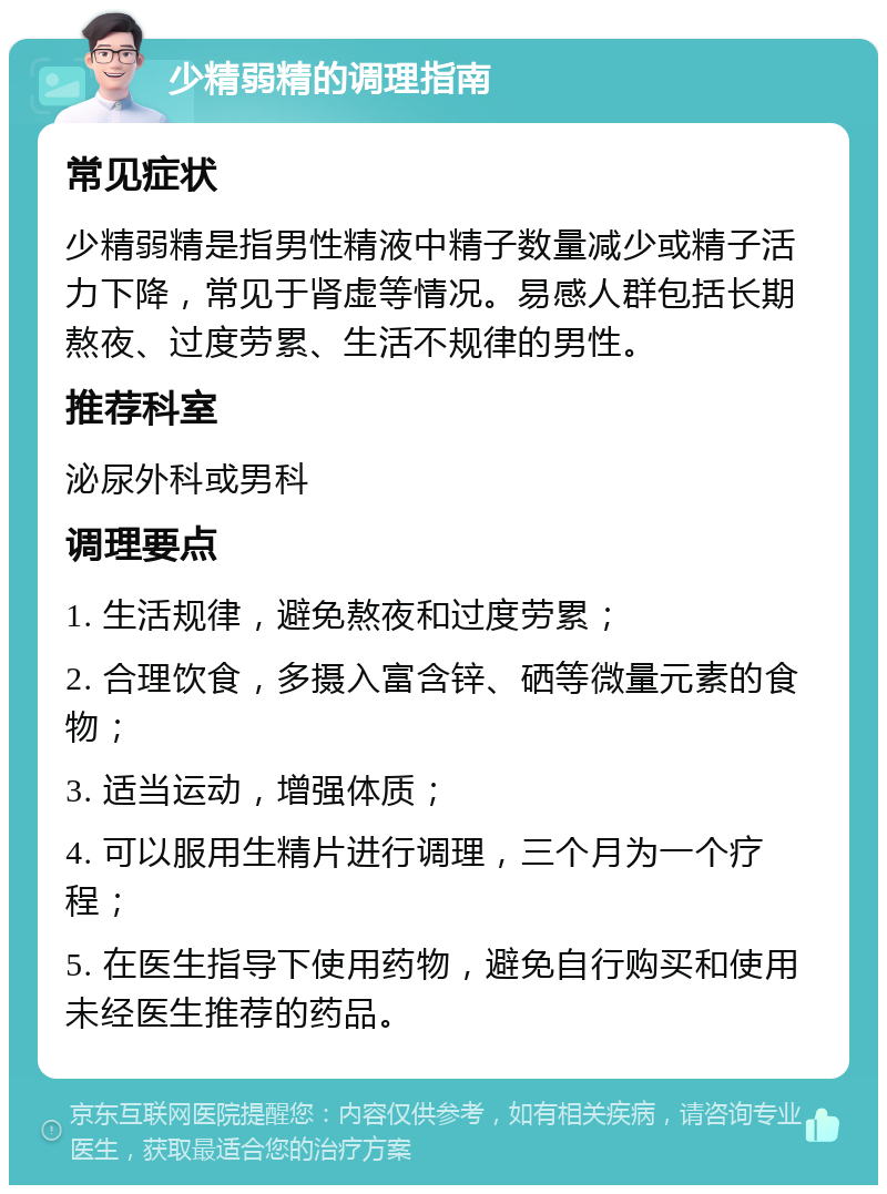 少精弱精的调理指南 常见症状 少精弱精是指男性精液中精子数量减少或精子活力下降，常见于肾虚等情况。易感人群包括长期熬夜、过度劳累、生活不规律的男性。 推荐科室 泌尿外科或男科 调理要点 1. 生活规律，避免熬夜和过度劳累； 2. 合理饮食，多摄入富含锌、硒等微量元素的食物； 3. 适当运动，增强体质； 4. 可以服用生精片进行调理，三个月为一个疗程； 5. 在医生指导下使用药物，避免自行购买和使用未经医生推荐的药品。