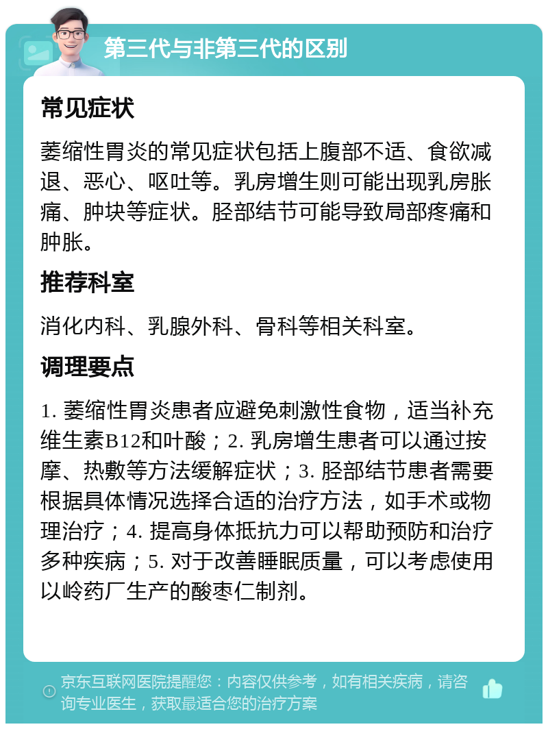 第三代与非第三代的区别 常见症状 萎缩性胃炎的常见症状包括上腹部不适、食欲减退、恶心、呕吐等。乳房增生则可能出现乳房胀痛、肿块等症状。胫部结节可能导致局部疼痛和肿胀。 推荐科室 消化内科、乳腺外科、骨科等相关科室。 调理要点 1. 萎缩性胃炎患者应避免刺激性食物，适当补充维生素B12和叶酸；2. 乳房增生患者可以通过按摩、热敷等方法缓解症状；3. 胫部结节患者需要根据具体情况选择合适的治疗方法，如手术或物理治疗；4. 提高身体抵抗力可以帮助预防和治疗多种疾病；5. 对于改善睡眠质量，可以考虑使用以岭药厂生产的酸枣仁制剂。