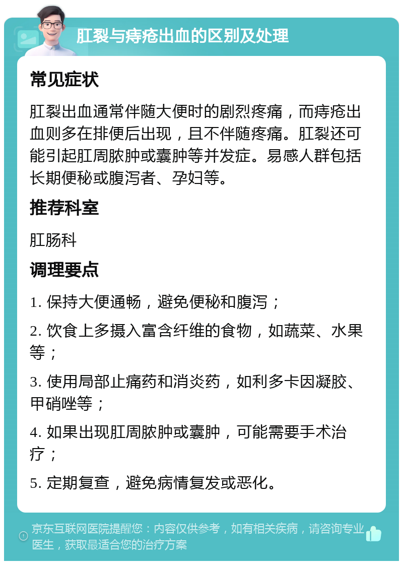 肛裂与痔疮出血的区别及处理 常见症状 肛裂出血通常伴随大便时的剧烈疼痛，而痔疮出血则多在排便后出现，且不伴随疼痛。肛裂还可能引起肛周脓肿或囊肿等并发症。易感人群包括长期便秘或腹泻者、孕妇等。 推荐科室 肛肠科 调理要点 1. 保持大便通畅，避免便秘和腹泻； 2. 饮食上多摄入富含纤维的食物，如蔬菜、水果等； 3. 使用局部止痛药和消炎药，如利多卡因凝胶、甲硝唑等； 4. 如果出现肛周脓肿或囊肿，可能需要手术治疗； 5. 定期复查，避免病情复发或恶化。