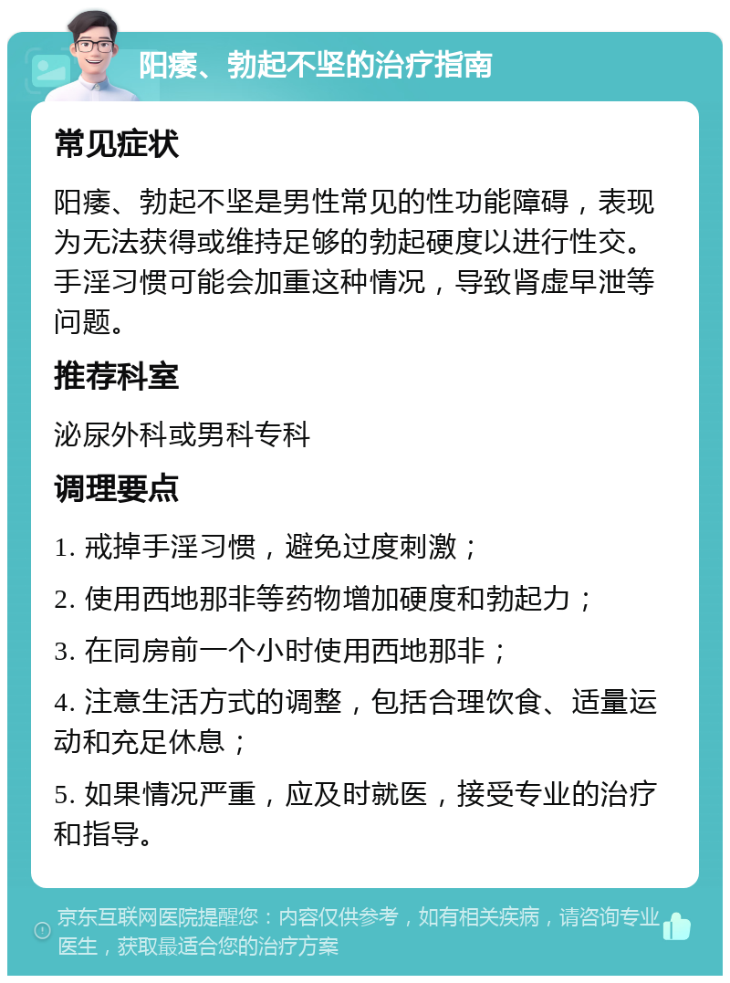 阳痿、勃起不坚的治疗指南 常见症状 阳痿、勃起不坚是男性常见的性功能障碍，表现为无法获得或维持足够的勃起硬度以进行性交。手淫习惯可能会加重这种情况，导致肾虚早泄等问题。 推荐科室 泌尿外科或男科专科 调理要点 1. 戒掉手淫习惯，避免过度刺激； 2. 使用西地那非等药物增加硬度和勃起力； 3. 在同房前一个小时使用西地那非； 4. 注意生活方式的调整，包括合理饮食、适量运动和充足休息； 5. 如果情况严重，应及时就医，接受专业的治疗和指导。