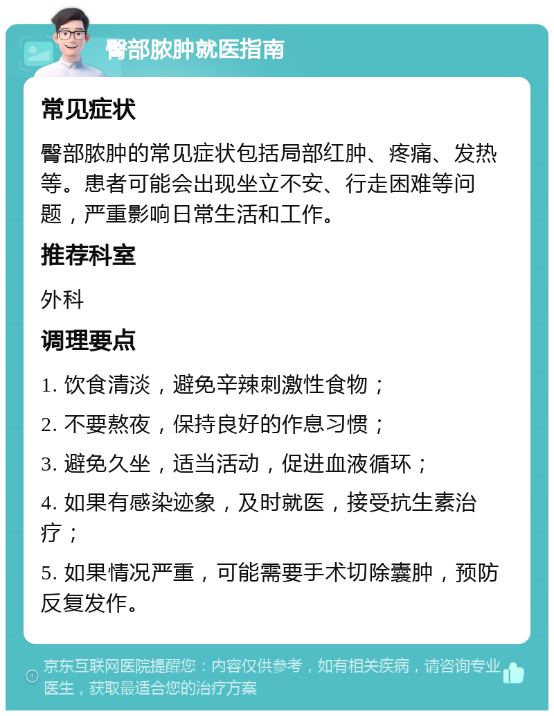 臀部脓肿就医指南 常见症状 臀部脓肿的常见症状包括局部红肿、疼痛、发热等。患者可能会出现坐立不安、行走困难等问题，严重影响日常生活和工作。 推荐科室 外科 调理要点 1. 饮食清淡，避免辛辣刺激性食物； 2. 不要熬夜，保持良好的作息习惯； 3. 避免久坐，适当活动，促进血液循环； 4. 如果有感染迹象，及时就医，接受抗生素治疗； 5. 如果情况严重，可能需要手术切除囊肿，预防反复发作。