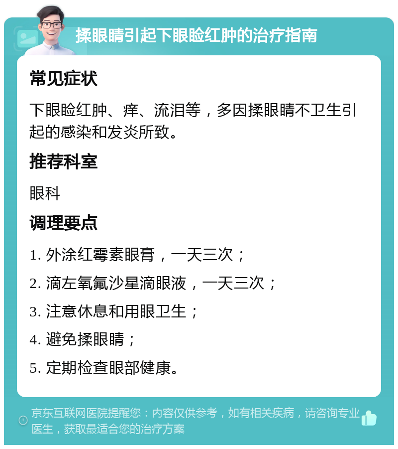 揉眼睛引起下眼睑红肿的治疗指南 常见症状 下眼睑红肿、痒、流泪等，多因揉眼睛不卫生引起的感染和发炎所致。 推荐科室 眼科 调理要点 1. 外涂红霉素眼膏，一天三次； 2. 滴左氧氟沙星滴眼液，一天三次； 3. 注意休息和用眼卫生； 4. 避免揉眼睛； 5. 定期检查眼部健康。