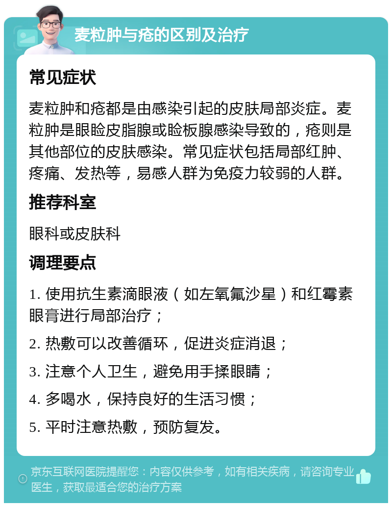 麦粒肿与疮的区别及治疗 常见症状 麦粒肿和疮都是由感染引起的皮肤局部炎症。麦粒肿是眼睑皮脂腺或睑板腺感染导致的，疮则是其他部位的皮肤感染。常见症状包括局部红肿、疼痛、发热等，易感人群为免疫力较弱的人群。 推荐科室 眼科或皮肤科 调理要点 1. 使用抗生素滴眼液（如左氧氟沙星）和红霉素眼膏进行局部治疗； 2. 热敷可以改善循环，促进炎症消退； 3. 注意个人卫生，避免用手揉眼睛； 4. 多喝水，保持良好的生活习惯； 5. 平时注意热敷，预防复发。