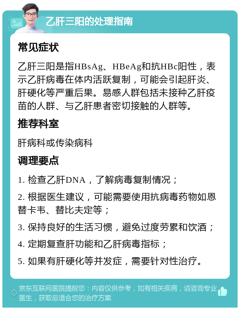 乙肝三阳的处理指南 常见症状 乙肝三阳是指HBsAg、HBeAg和抗HBc阳性，表示乙肝病毒在体内活跃复制，可能会引起肝炎、肝硬化等严重后果。易感人群包括未接种乙肝疫苗的人群、与乙肝患者密切接触的人群等。 推荐科室 肝病科或传染病科 调理要点 1. 检查乙肝DNA，了解病毒复制情况； 2. 根据医生建议，可能需要使用抗病毒药物如恩替卡韦、替比夫定等； 3. 保持良好的生活习惯，避免过度劳累和饮酒； 4. 定期复查肝功能和乙肝病毒指标； 5. 如果有肝硬化等并发症，需要针对性治疗。