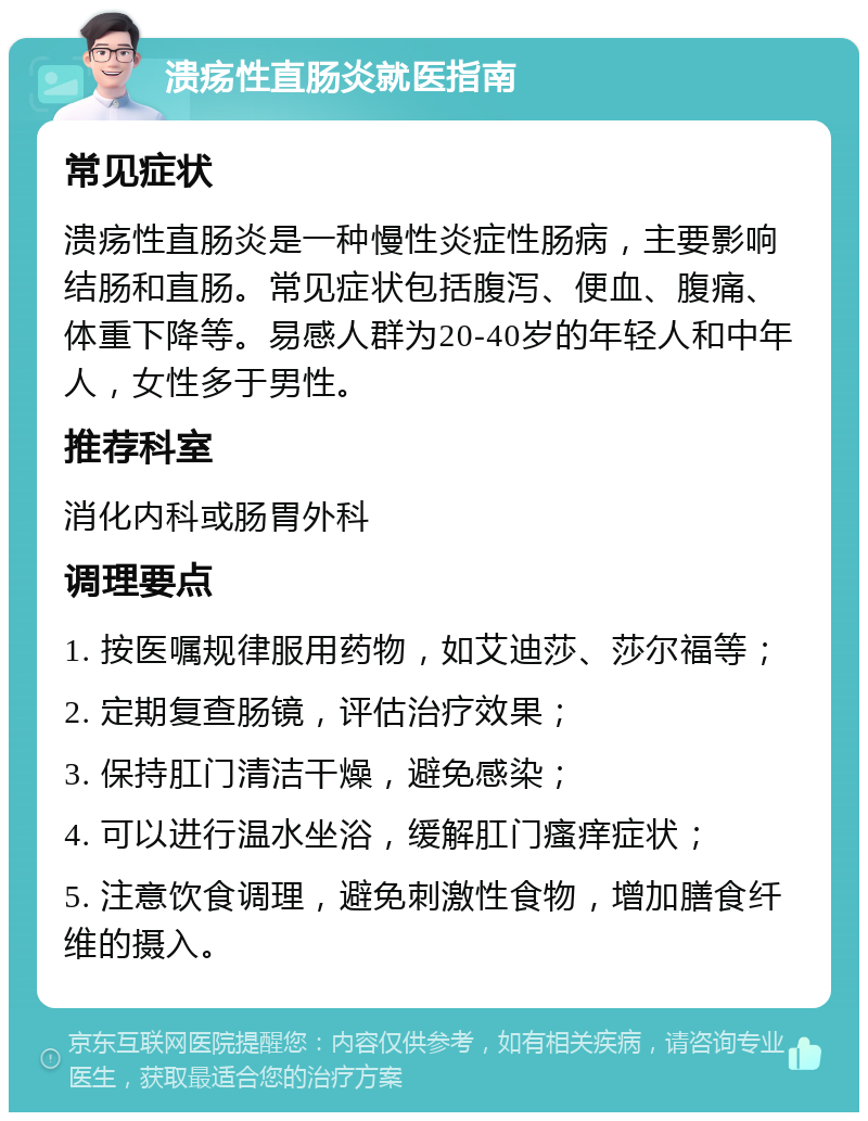 溃疡性直肠炎就医指南 常见症状 溃疡性直肠炎是一种慢性炎症性肠病，主要影响结肠和直肠。常见症状包括腹泻、便血、腹痛、体重下降等。易感人群为20-40岁的年轻人和中年人，女性多于男性。 推荐科室 消化内科或肠胃外科 调理要点 1. 按医嘱规律服用药物，如艾迪莎、莎尔福等； 2. 定期复查肠镜，评估治疗效果； 3. 保持肛门清洁干燥，避免感染； 4. 可以进行温水坐浴，缓解肛门瘙痒症状； 5. 注意饮食调理，避免刺激性食物，增加膳食纤维的摄入。