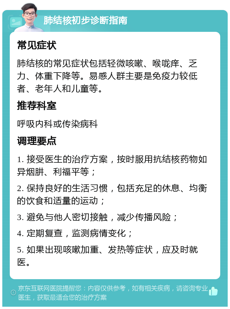 肺结核初步诊断指南 常见症状 肺结核的常见症状包括轻微咳嗽、喉咙痒、乏力、体重下降等。易感人群主要是免疫力较低者、老年人和儿童等。 推荐科室 呼吸内科或传染病科 调理要点 1. 接受医生的治疗方案，按时服用抗结核药物如异烟肼、利福平等； 2. 保持良好的生活习惯，包括充足的休息、均衡的饮食和适量的运动； 3. 避免与他人密切接触，减少传播风险； 4. 定期复查，监测病情变化； 5. 如果出现咳嗽加重、发热等症状，应及时就医。