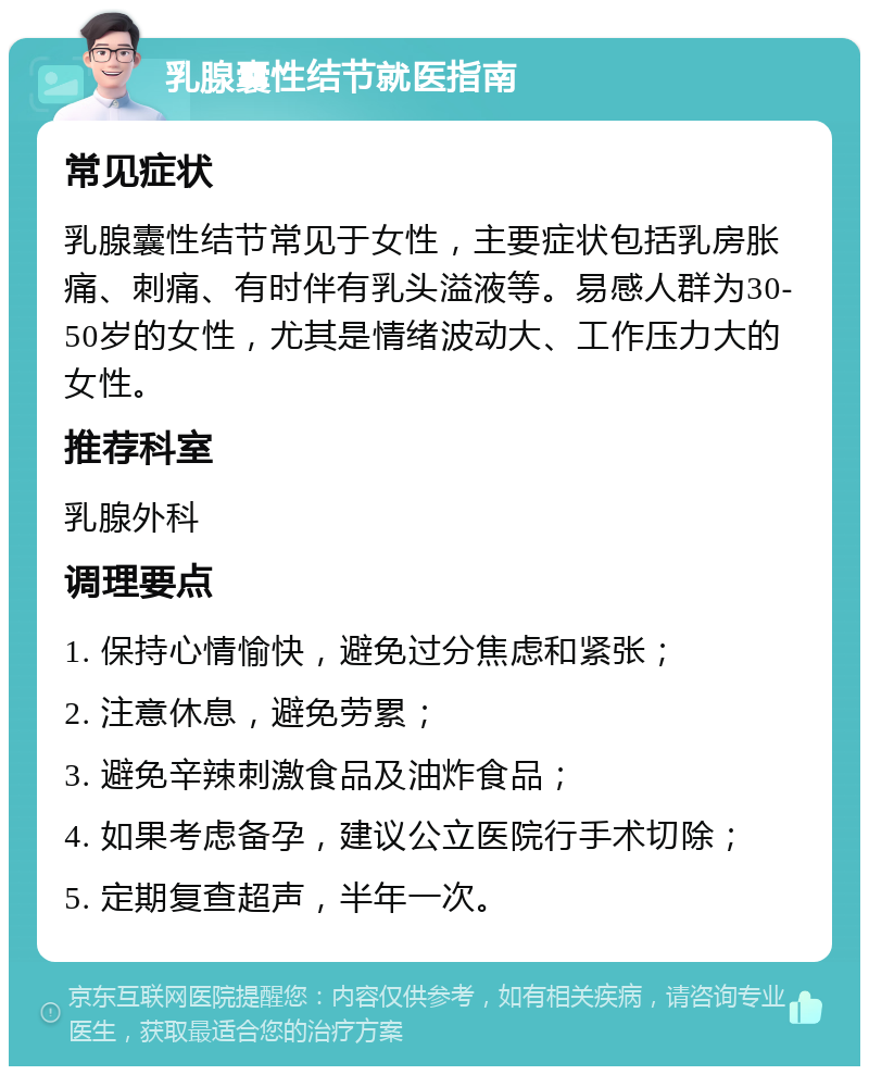 乳腺囊性结节就医指南 常见症状 乳腺囊性结节常见于女性，主要症状包括乳房胀痛、刺痛、有时伴有乳头溢液等。易感人群为30-50岁的女性，尤其是情绪波动大、工作压力大的女性。 推荐科室 乳腺外科 调理要点 1. 保持心情愉快，避免过分焦虑和紧张； 2. 注意休息，避免劳累； 3. 避免辛辣刺激食品及油炸食品； 4. 如果考虑备孕，建议公立医院行手术切除； 5. 定期复查超声，半年一次。