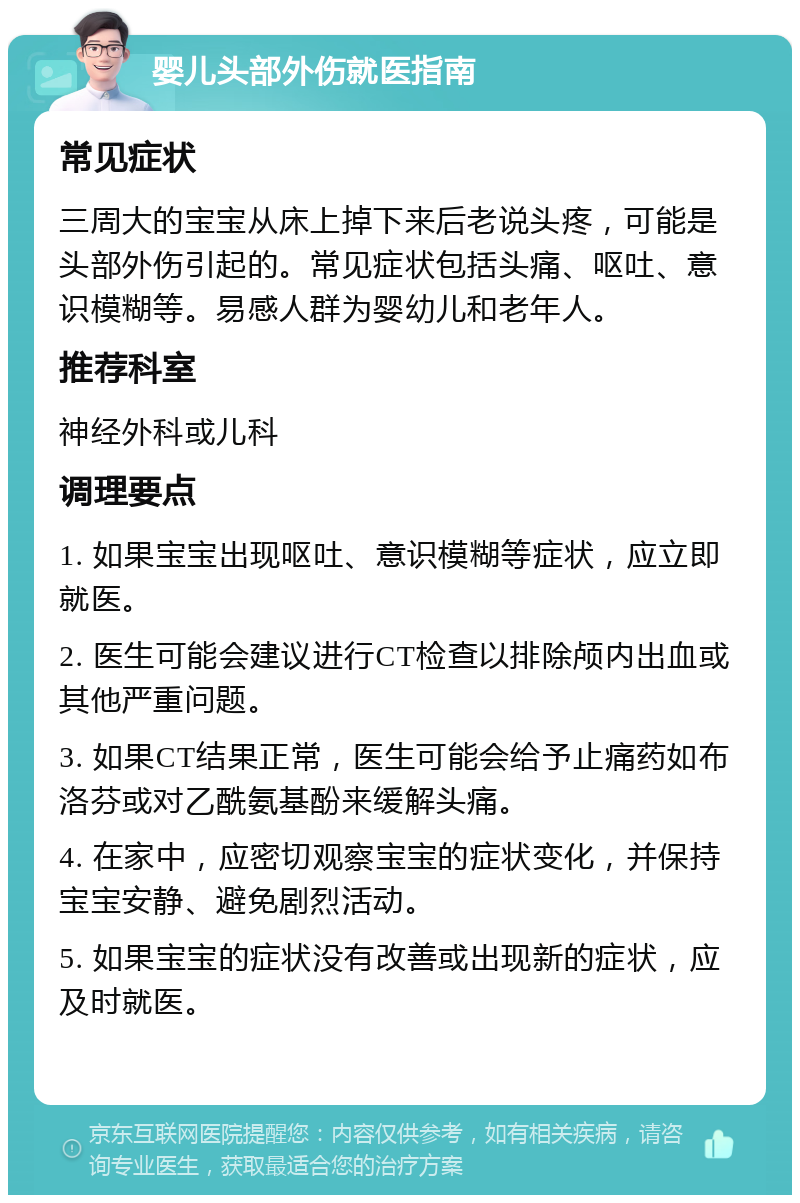 婴儿头部外伤就医指南 常见症状 三周大的宝宝从床上掉下来后老说头疼，可能是头部外伤引起的。常见症状包括头痛、呕吐、意识模糊等。易感人群为婴幼儿和老年人。 推荐科室 神经外科或儿科 调理要点 1. 如果宝宝出现呕吐、意识模糊等症状，应立即就医。 2. 医生可能会建议进行CT检查以排除颅内出血或其他严重问题。 3. 如果CT结果正常，医生可能会给予止痛药如布洛芬或对乙酰氨基酚来缓解头痛。 4. 在家中，应密切观察宝宝的症状变化，并保持宝宝安静、避免剧烈活动。 5. 如果宝宝的症状没有改善或出现新的症状，应及时就医。