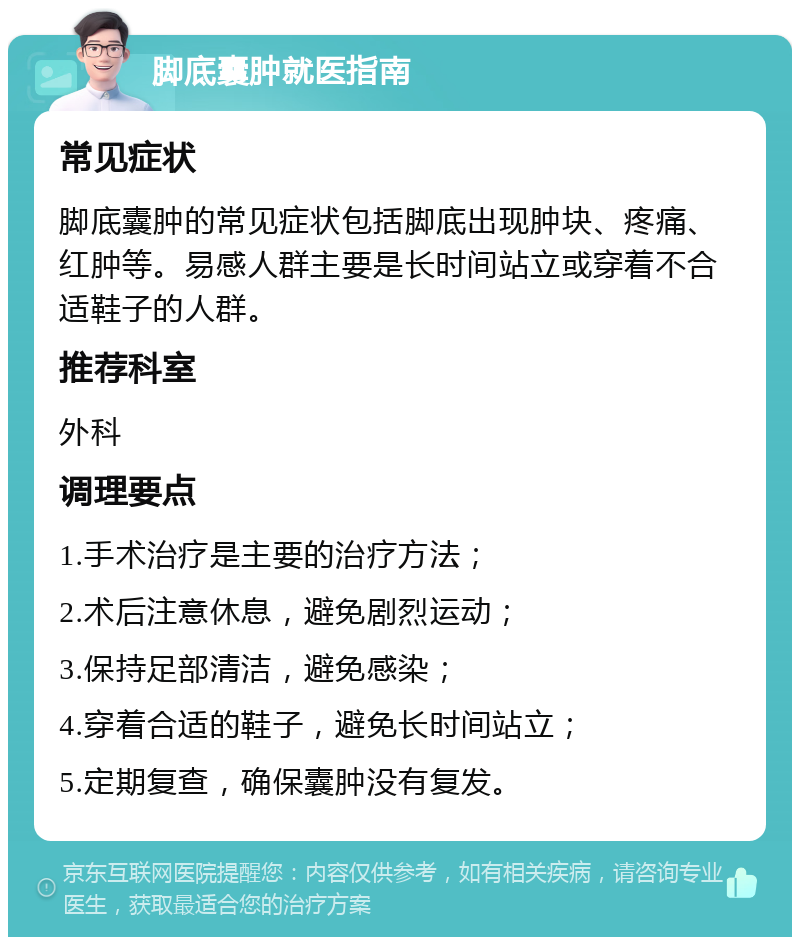 脚底囊肿就医指南 常见症状 脚底囊肿的常见症状包括脚底出现肿块、疼痛、红肿等。易感人群主要是长时间站立或穿着不合适鞋子的人群。 推荐科室 外科 调理要点 1.手术治疗是主要的治疗方法； 2.术后注意休息，避免剧烈运动； 3.保持足部清洁，避免感染； 4.穿着合适的鞋子，避免长时间站立； 5.定期复查，确保囊肿没有复发。