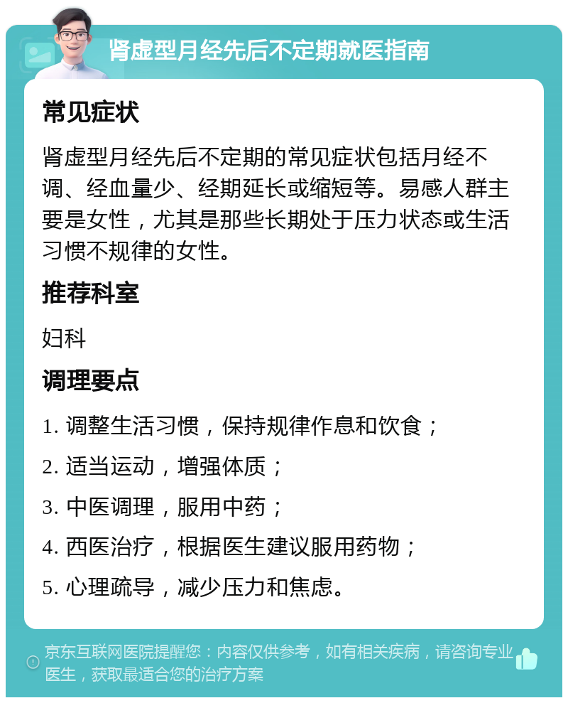 肾虚型月经先后不定期就医指南 常见症状 肾虚型月经先后不定期的常见症状包括月经不调、经血量少、经期延长或缩短等。易感人群主要是女性，尤其是那些长期处于压力状态或生活习惯不规律的女性。 推荐科室 妇科 调理要点 1. 调整生活习惯，保持规律作息和饮食； 2. 适当运动，增强体质； 3. 中医调理，服用中药； 4. 西医治疗，根据医生建议服用药物； 5. 心理疏导，减少压力和焦虑。