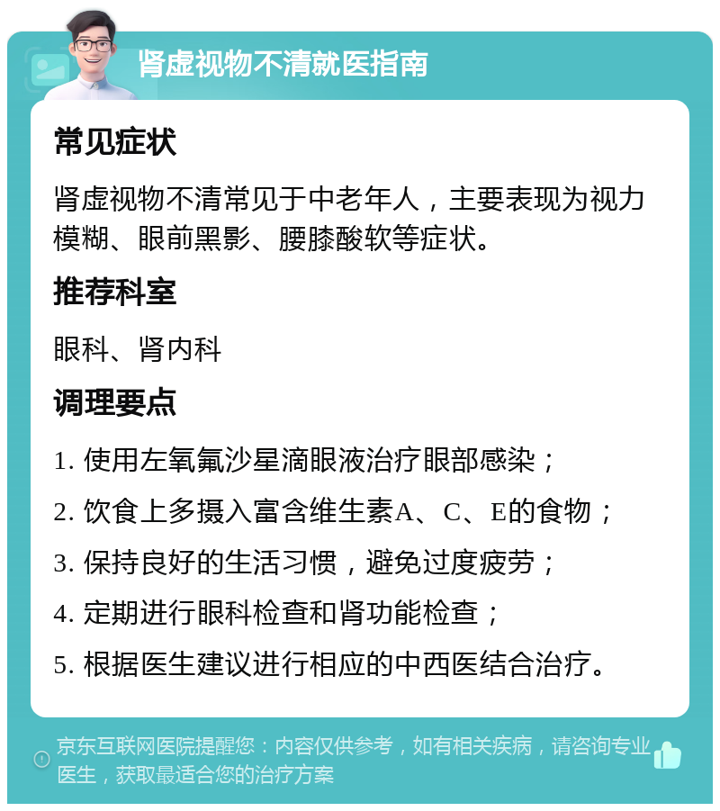 肾虚视物不清就医指南 常见症状 肾虚视物不清常见于中老年人，主要表现为视力模糊、眼前黑影、腰膝酸软等症状。 推荐科室 眼科、肾内科 调理要点 1. 使用左氧氟沙星滴眼液治疗眼部感染； 2. 饮食上多摄入富含维生素A、C、E的食物； 3. 保持良好的生活习惯，避免过度疲劳； 4. 定期进行眼科检查和肾功能检查； 5. 根据医生建议进行相应的中西医结合治疗。