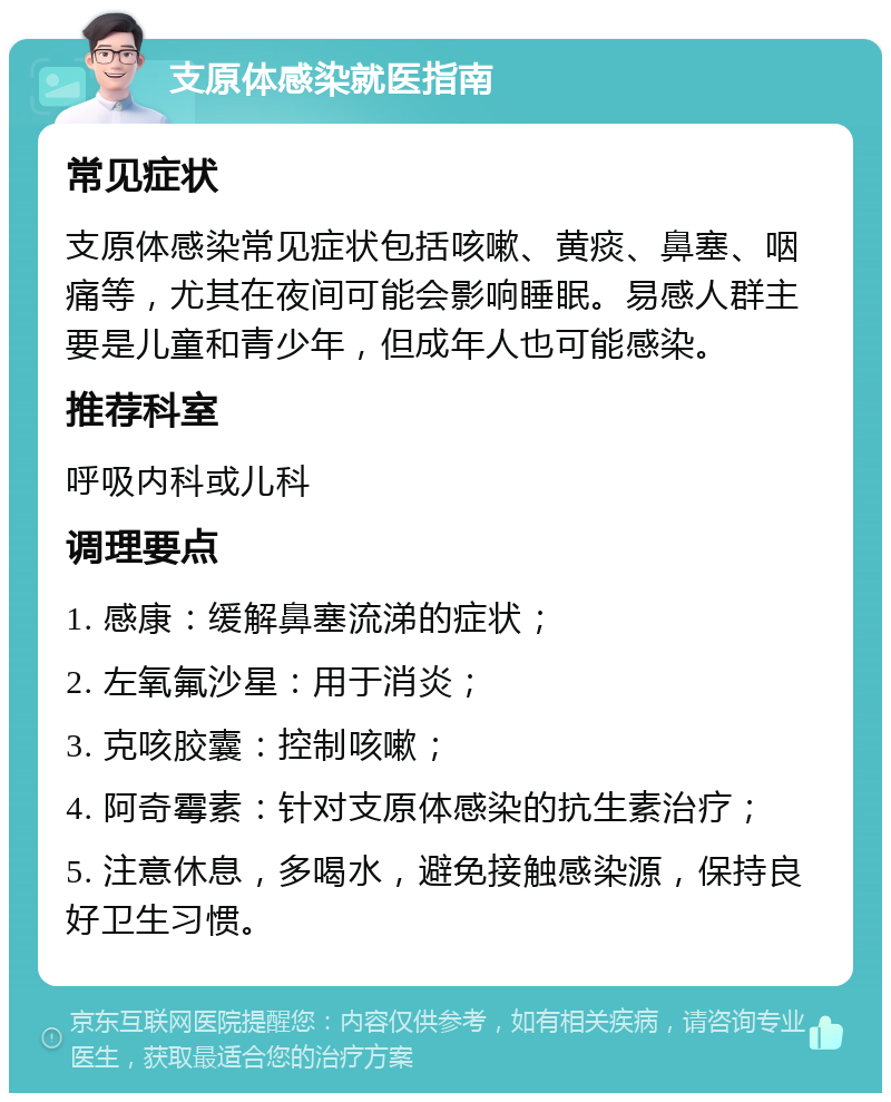 支原体感染就医指南 常见症状 支原体感染常见症状包括咳嗽、黄痰、鼻塞、咽痛等，尤其在夜间可能会影响睡眠。易感人群主要是儿童和青少年，但成年人也可能感染。 推荐科室 呼吸内科或儿科 调理要点 1. 感康：缓解鼻塞流涕的症状； 2. 左氧氟沙星：用于消炎； 3. 克咳胶囊：控制咳嗽； 4. 阿奇霉素：针对支原体感染的抗生素治疗； 5. 注意休息，多喝水，避免接触感染源，保持良好卫生习惯。