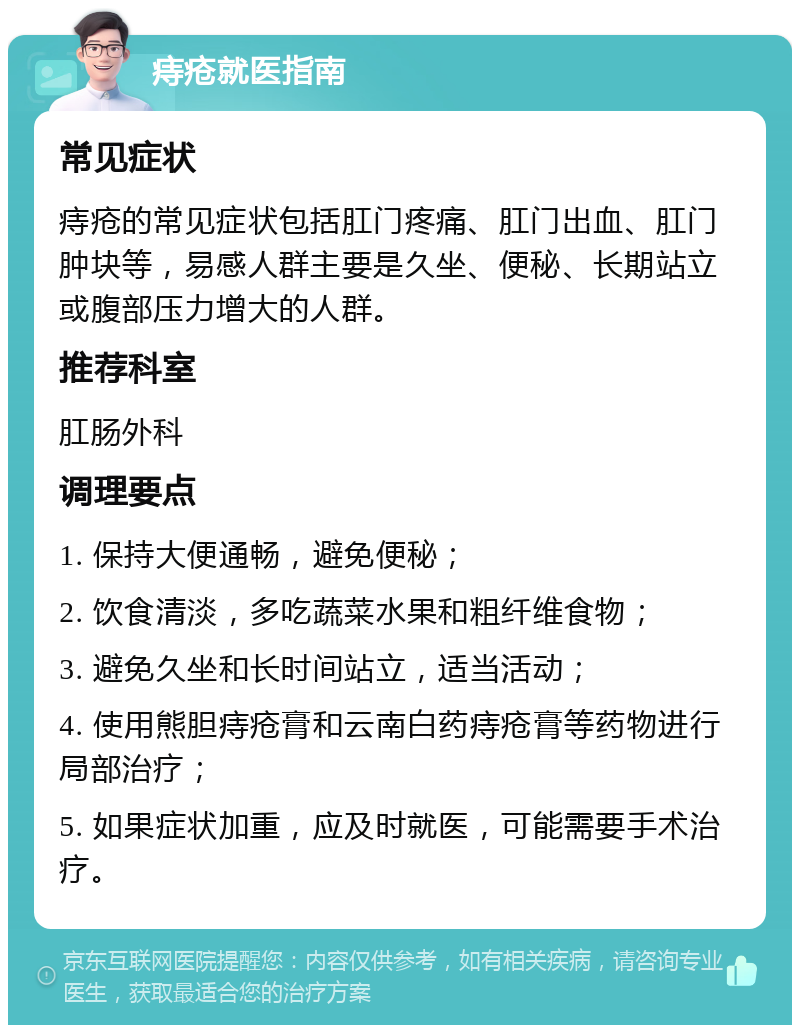 痔疮就医指南 常见症状 痔疮的常见症状包括肛门疼痛、肛门出血、肛门肿块等，易感人群主要是久坐、便秘、长期站立或腹部压力增大的人群。 推荐科室 肛肠外科 调理要点 1. 保持大便通畅，避免便秘； 2. 饮食清淡，多吃蔬菜水果和粗纤维食物； 3. 避免久坐和长时间站立，适当活动； 4. 使用熊胆痔疮膏和云南白药痔疮膏等药物进行局部治疗； 5. 如果症状加重，应及时就医，可能需要手术治疗。