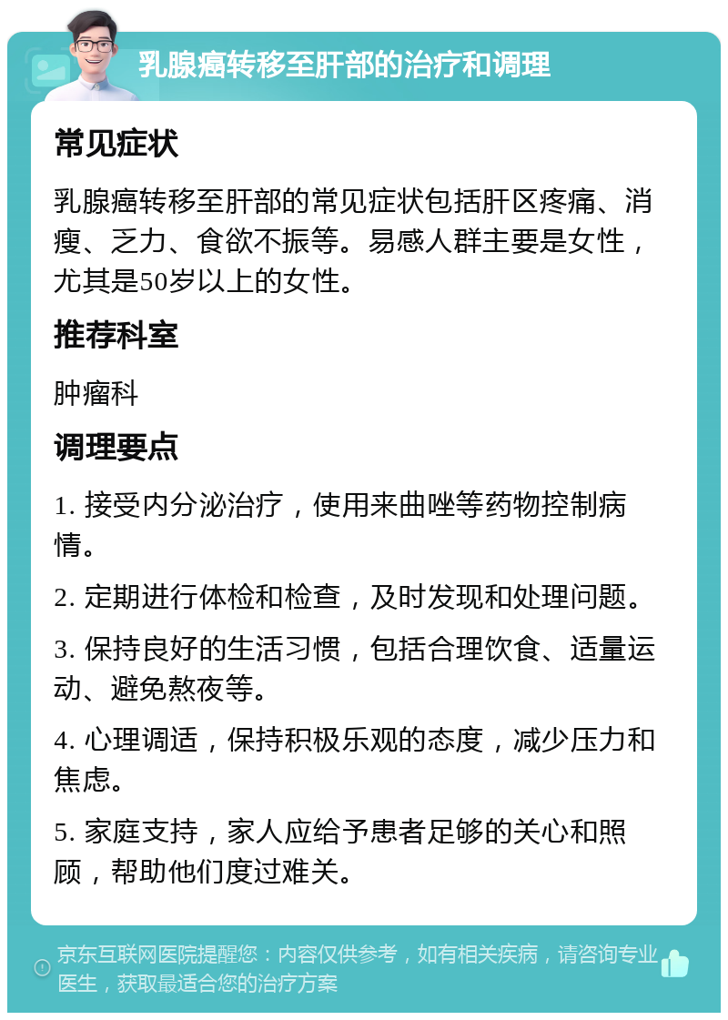 乳腺癌转移至肝部的治疗和调理 常见症状 乳腺癌转移至肝部的常见症状包括肝区疼痛、消瘦、乏力、食欲不振等。易感人群主要是女性，尤其是50岁以上的女性。 推荐科室 肿瘤科 调理要点 1. 接受内分泌治疗，使用来曲唑等药物控制病情。 2. 定期进行体检和检查，及时发现和处理问题。 3. 保持良好的生活习惯，包括合理饮食、适量运动、避免熬夜等。 4. 心理调适，保持积极乐观的态度，减少压力和焦虑。 5. 家庭支持，家人应给予患者足够的关心和照顾，帮助他们度过难关。