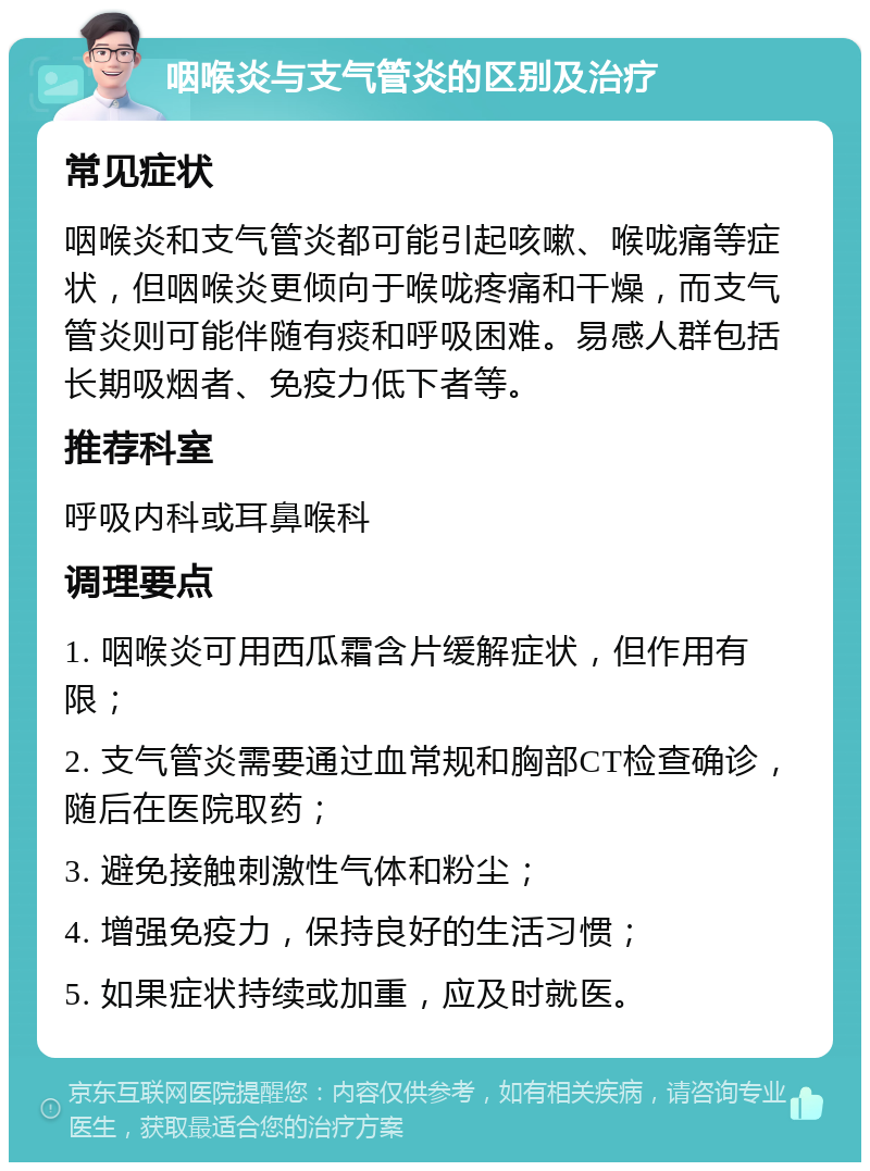 咽喉炎与支气管炎的区别及治疗 常见症状 咽喉炎和支气管炎都可能引起咳嗽、喉咙痛等症状，但咽喉炎更倾向于喉咙疼痛和干燥，而支气管炎则可能伴随有痰和呼吸困难。易感人群包括长期吸烟者、免疫力低下者等。 推荐科室 呼吸内科或耳鼻喉科 调理要点 1. 咽喉炎可用西瓜霜含片缓解症状，但作用有限； 2. 支气管炎需要通过血常规和胸部CT检查确诊，随后在医院取药； 3. 避免接触刺激性气体和粉尘； 4. 增强免疫力，保持良好的生活习惯； 5. 如果症状持续或加重，应及时就医。