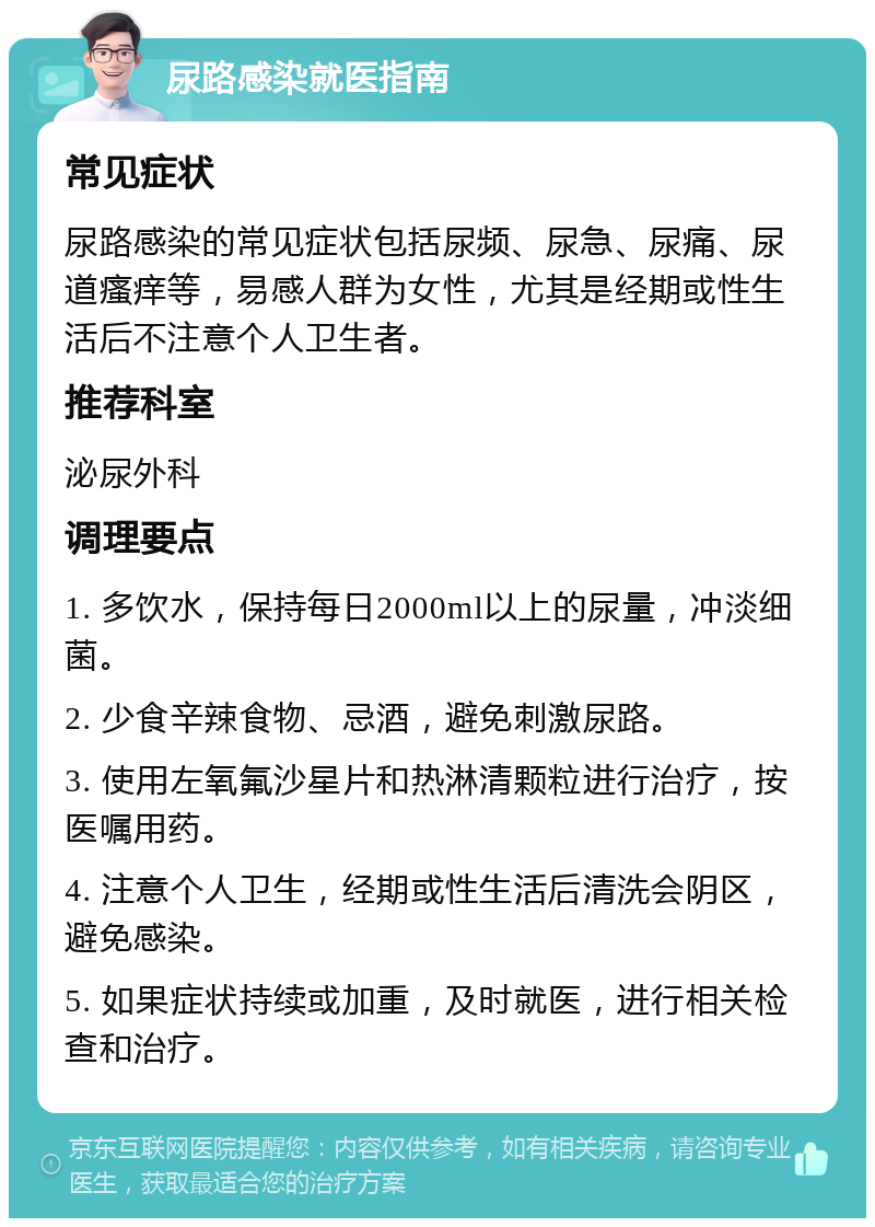 尿路感染就医指南 常见症状 尿路感染的常见症状包括尿频、尿急、尿痛、尿道瘙痒等，易感人群为女性，尤其是经期或性生活后不注意个人卫生者。 推荐科室 泌尿外科 调理要点 1. 多饮水，保持每日2000ml以上的尿量，冲淡细菌。 2. 少食辛辣食物、忌酒，避免刺激尿路。 3. 使用左氧氟沙星片和热淋清颗粒进行治疗，按医嘱用药。 4. 注意个人卫生，经期或性生活后清洗会阴区，避免感染。 5. 如果症状持续或加重，及时就医，进行相关检查和治疗。