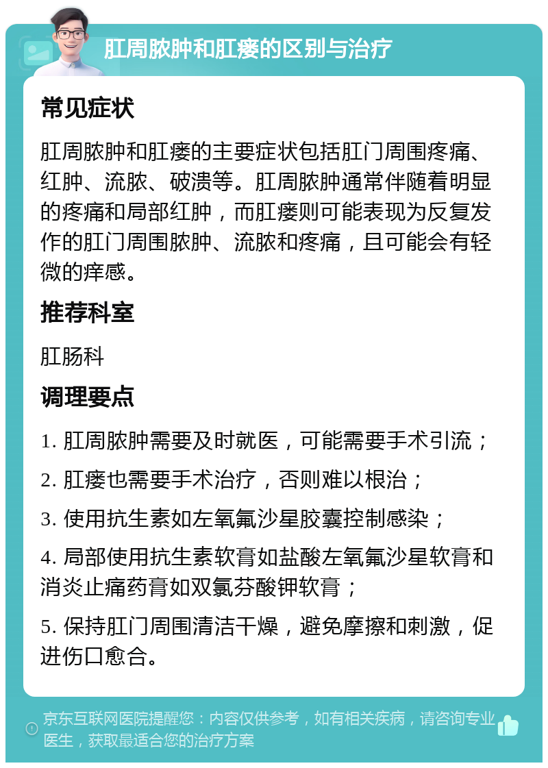 肛周脓肿和肛瘘的区别与治疗 常见症状 肛周脓肿和肛瘘的主要症状包括肛门周围疼痛、红肿、流脓、破溃等。肛周脓肿通常伴随着明显的疼痛和局部红肿，而肛瘘则可能表现为反复发作的肛门周围脓肿、流脓和疼痛，且可能会有轻微的痒感。 推荐科室 肛肠科 调理要点 1. 肛周脓肿需要及时就医，可能需要手术引流； 2. 肛瘘也需要手术治疗，否则难以根治； 3. 使用抗生素如左氧氟沙星胶囊控制感染； 4. 局部使用抗生素软膏如盐酸左氧氟沙星软膏和消炎止痛药膏如双氯芬酸钾软膏； 5. 保持肛门周围清洁干燥，避免摩擦和刺激，促进伤口愈合。