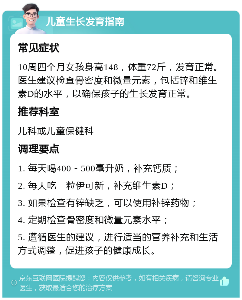 儿童生长发育指南 常见症状 10周四个月女孩身高148，体重72斤，发育正常。医生建议检查骨密度和微量元素，包括锌和维生素D的水平，以确保孩子的生长发育正常。 推荐科室 儿科或儿童保健科 调理要点 1. 每天喝400－500毫升奶，补充钙质； 2. 每天吃一粒伊可新，补充维生素D； 3. 如果检查有锌缺乏，可以使用补锌药物； 4. 定期检查骨密度和微量元素水平； 5. 遵循医生的建议，进行适当的营养补充和生活方式调整，促进孩子的健康成长。