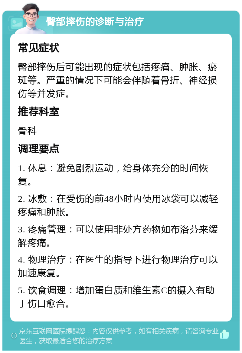 臀部摔伤的诊断与治疗 常见症状 臀部摔伤后可能出现的症状包括疼痛、肿胀、瘀斑等。严重的情况下可能会伴随着骨折、神经损伤等并发症。 推荐科室 骨科 调理要点 1. 休息：避免剧烈运动，给身体充分的时间恢复。 2. 冰敷：在受伤的前48小时内使用冰袋可以减轻疼痛和肿胀。 3. 疼痛管理：可以使用非处方药物如布洛芬来缓解疼痛。 4. 物理治疗：在医生的指导下进行物理治疗可以加速康复。 5. 饮食调理：增加蛋白质和维生素C的摄入有助于伤口愈合。