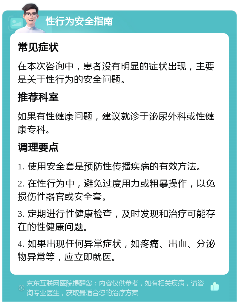 性行为安全指南 常见症状 在本次咨询中，患者没有明显的症状出现，主要是关于性行为的安全问题。 推荐科室 如果有性健康问题，建议就诊于泌尿外科或性健康专科。 调理要点 1. 使用安全套是预防性传播疾病的有效方法。 2. 在性行为中，避免过度用力或粗暴操作，以免损伤性器官或安全套。 3. 定期进行性健康检查，及时发现和治疗可能存在的性健康问题。 4. 如果出现任何异常症状，如疼痛、出血、分泌物异常等，应立即就医。