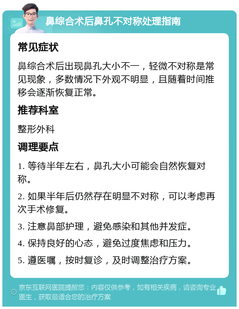 鼻综合术后鼻孔不对称处理指南 常见症状 鼻综合术后出现鼻孔大小不一，轻微不对称是常见现象，多数情况下外观不明显，且随着时间推移会逐渐恢复正常。 推荐科室 整形外科 调理要点 1. 等待半年左右，鼻孔大小可能会自然恢复对称。 2. 如果半年后仍然存在明显不对称，可以考虑再次手术修复。 3. 注意鼻部护理，避免感染和其他并发症。 4. 保持良好的心态，避免过度焦虑和压力。 5. 遵医嘱，按时复诊，及时调整治疗方案。