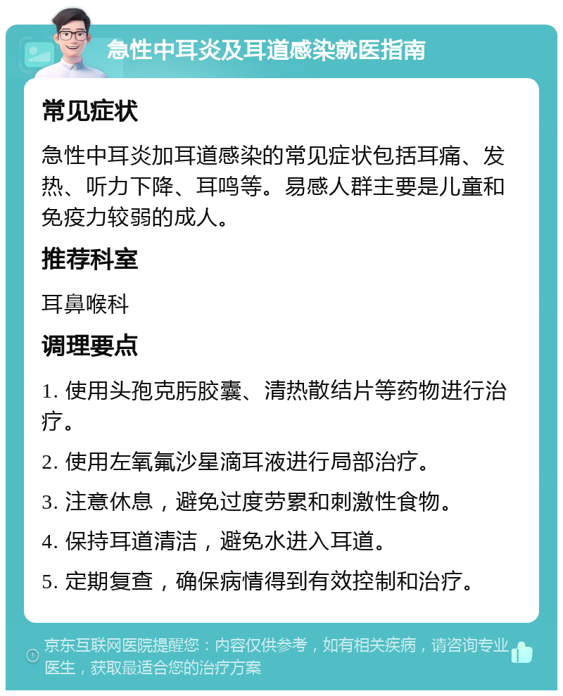 急性中耳炎及耳道感染就医指南 常见症状 急性中耳炎加耳道感染的常见症状包括耳痛、发热、听力下降、耳鸣等。易感人群主要是儿童和免疫力较弱的成人。 推荐科室 耳鼻喉科 调理要点 1. 使用头孢克肟胶囊、清热散结片等药物进行治疗。 2. 使用左氧氟沙星滴耳液进行局部治疗。 3. 注意休息，避免过度劳累和刺激性食物。 4. 保持耳道清洁，避免水进入耳道。 5. 定期复查，确保病情得到有效控制和治疗。