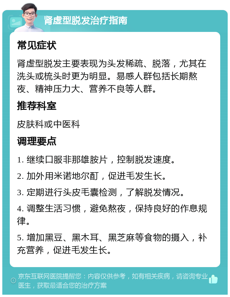 肾虚型脱发治疗指南 常见症状 肾虚型脱发主要表现为头发稀疏、脱落，尤其在洗头或梳头时更为明显。易感人群包括长期熬夜、精神压力大、营养不良等人群。 推荐科室 皮肤科或中医科 调理要点 1. 继续口服非那雄胺片，控制脱发速度。 2. 加外用米诺地尔酊，促进毛发生长。 3. 定期进行头皮毛囊检测，了解脱发情况。 4. 调整生活习惯，避免熬夜，保持良好的作息规律。 5. 增加黑豆、黑木耳、黑芝麻等食物的摄入，补充营养，促进毛发生长。