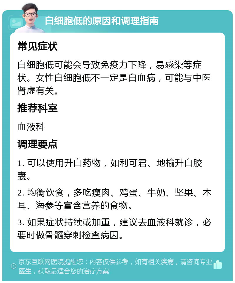 白细胞低的原因和调理指南 常见症状 白细胞低可能会导致免疫力下降，易感染等症状。女性白细胞低不一定是白血病，可能与中医肾虚有关。 推荐科室 血液科 调理要点 1. 可以使用升白药物，如利可君、地榆升白胶囊。 2. 均衡饮食，多吃瘦肉、鸡蛋、牛奶、坚果、木耳、海参等富含营养的食物。 3. 如果症状持续或加重，建议去血液科就诊，必要时做骨髓穿刺检查病因。