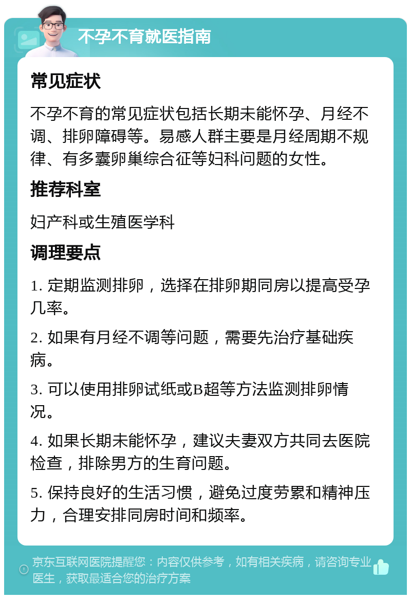 不孕不育就医指南 常见症状 不孕不育的常见症状包括长期未能怀孕、月经不调、排卵障碍等。易感人群主要是月经周期不规律、有多囊卵巢综合征等妇科问题的女性。 推荐科室 妇产科或生殖医学科 调理要点 1. 定期监测排卵，选择在排卵期同房以提高受孕几率。 2. 如果有月经不调等问题，需要先治疗基础疾病。 3. 可以使用排卵试纸或B超等方法监测排卵情况。 4. 如果长期未能怀孕，建议夫妻双方共同去医院检查，排除男方的生育问题。 5. 保持良好的生活习惯，避免过度劳累和精神压力，合理安排同房时间和频率。