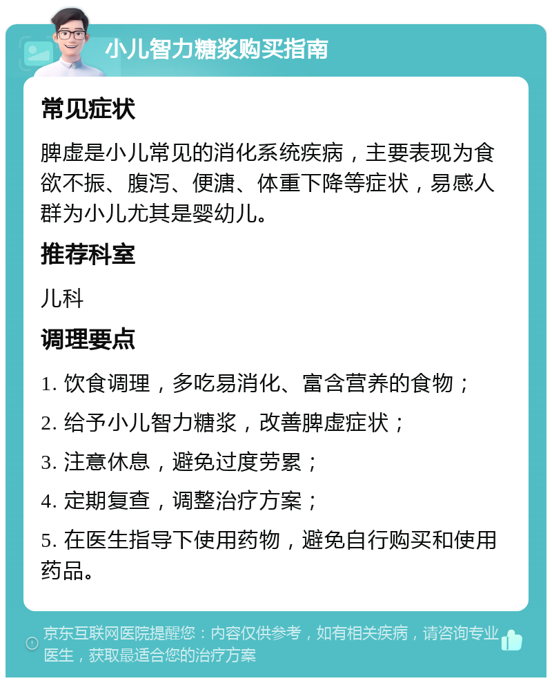 小儿智力糖浆购买指南 常见症状 脾虚是小儿常见的消化系统疾病，主要表现为食欲不振、腹泻、便溏、体重下降等症状，易感人群为小儿尤其是婴幼儿。 推荐科室 儿科 调理要点 1. 饮食调理，多吃易消化、富含营养的食物； 2. 给予小儿智力糖浆，改善脾虚症状； 3. 注意休息，避免过度劳累； 4. 定期复查，调整治疗方案； 5. 在医生指导下使用药物，避免自行购买和使用药品。