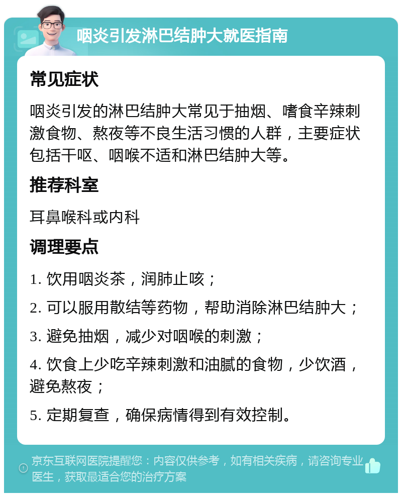 咽炎引发淋巴结肿大就医指南 常见症状 咽炎引发的淋巴结肿大常见于抽烟、嗜食辛辣刺激食物、熬夜等不良生活习惯的人群，主要症状包括干呕、咽喉不适和淋巴结肿大等。 推荐科室 耳鼻喉科或内科 调理要点 1. 饮用咽炎茶，润肺止咳； 2. 可以服用散结等药物，帮助消除淋巴结肿大； 3. 避免抽烟，减少对咽喉的刺激； 4. 饮食上少吃辛辣刺激和油腻的食物，少饮酒，避免熬夜； 5. 定期复查，确保病情得到有效控制。