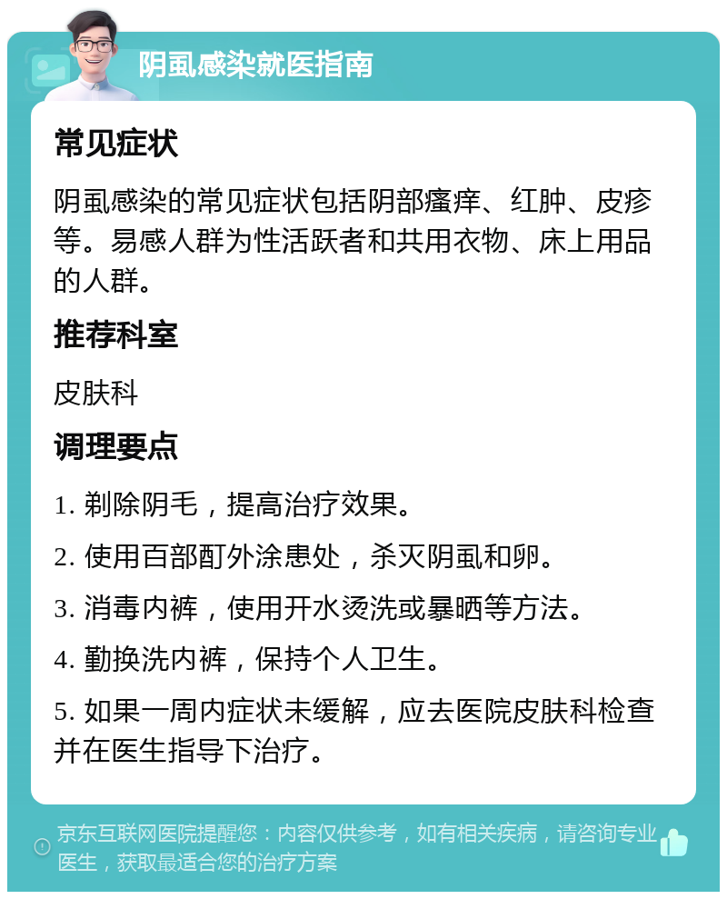 阴虱感染就医指南 常见症状 阴虱感染的常见症状包括阴部瘙痒、红肿、皮疹等。易感人群为性活跃者和共用衣物、床上用品的人群。 推荐科室 皮肤科 调理要点 1. 剃除阴毛，提高治疗效果。 2. 使用百部酊外涂患处，杀灭阴虱和卵。 3. 消毒内裤，使用开水烫洗或暴晒等方法。 4. 勤换洗内裤，保持个人卫生。 5. 如果一周内症状未缓解，应去医院皮肤科检查并在医生指导下治疗。