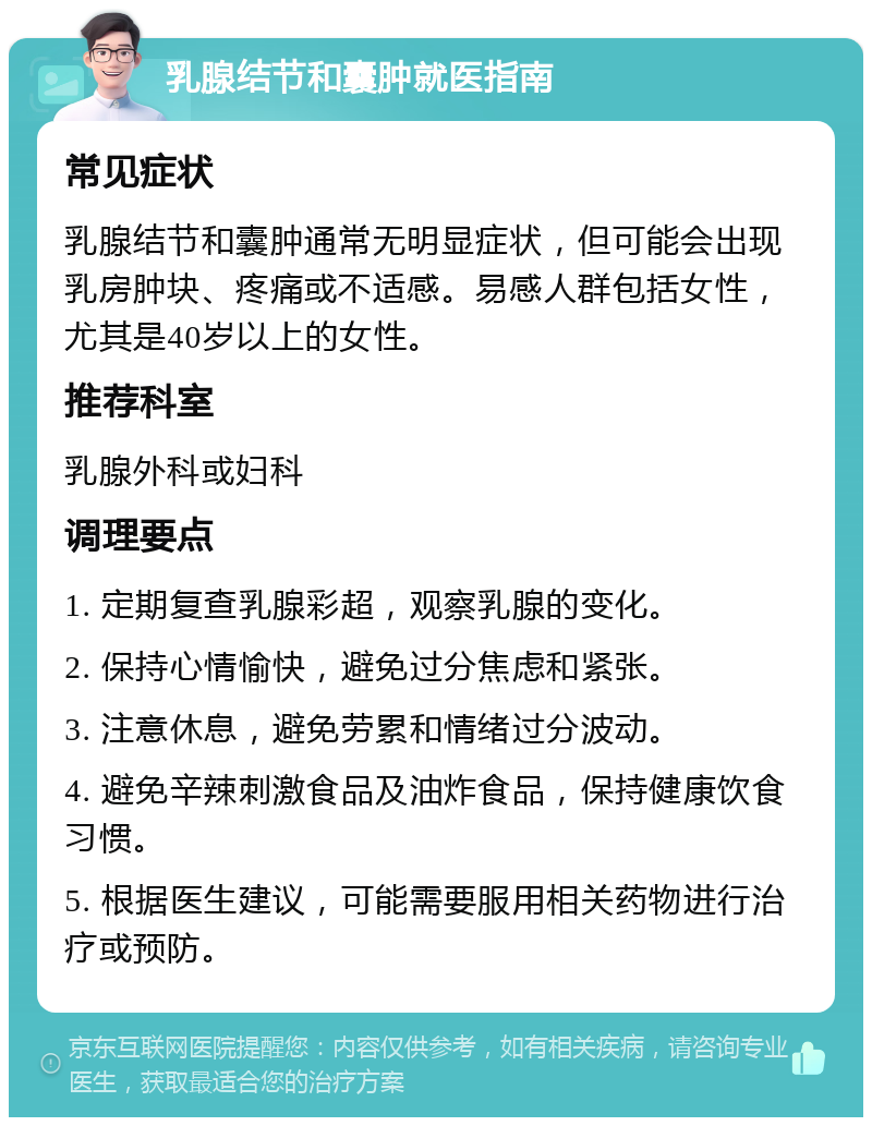 乳腺结节和囊肿就医指南 常见症状 乳腺结节和囊肿通常无明显症状，但可能会出现乳房肿块、疼痛或不适感。易感人群包括女性，尤其是40岁以上的女性。 推荐科室 乳腺外科或妇科 调理要点 1. 定期复查乳腺彩超，观察乳腺的变化。 2. 保持心情愉快，避免过分焦虑和紧张。 3. 注意休息，避免劳累和情绪过分波动。 4. 避免辛辣刺激食品及油炸食品，保持健康饮食习惯。 5. 根据医生建议，可能需要服用相关药物进行治疗或预防。