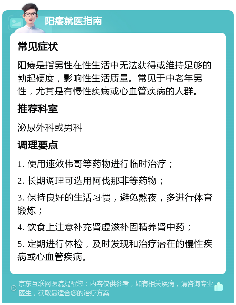 阳痿就医指南 常见症状 阳痿是指男性在性生活中无法获得或维持足够的勃起硬度，影响性生活质量。常见于中老年男性，尤其是有慢性疾病或心血管疾病的人群。 推荐科室 泌尿外科或男科 调理要点 1. 使用速效伟哥等药物进行临时治疗； 2. 长期调理可选用阿伐那非等药物； 3. 保持良好的生活习惯，避免熬夜，多进行体育锻炼； 4. 饮食上注意补充肾虚滋补固精养肾中药； 5. 定期进行体检，及时发现和治疗潜在的慢性疾病或心血管疾病。