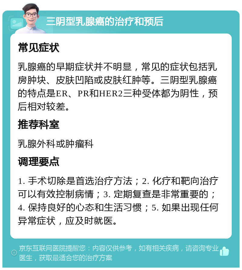 三阴型乳腺癌的治疗和预后 常见症状 乳腺癌的早期症状并不明显，常见的症状包括乳房肿块、皮肤凹陷或皮肤红肿等。三阴型乳腺癌的特点是ER、PR和HER2三种受体都为阴性，预后相对较差。 推荐科室 乳腺外科或肿瘤科 调理要点 1. 手术切除是首选治疗方法；2. 化疗和靶向治疗可以有效控制病情；3. 定期复查是非常重要的；4. 保持良好的心态和生活习惯；5. 如果出现任何异常症状，应及时就医。