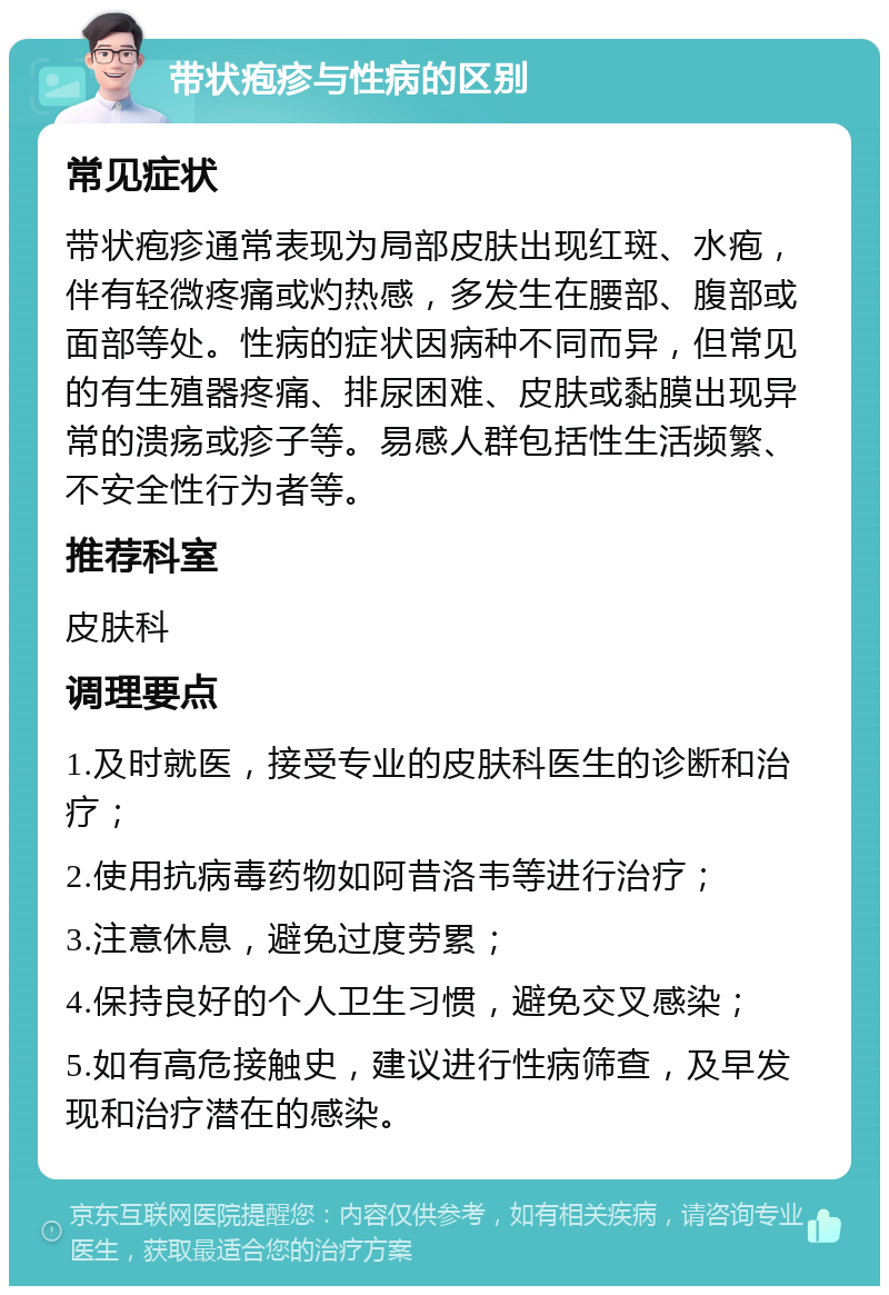 带状疱疹与性病的区别 常见症状 带状疱疹通常表现为局部皮肤出现红斑、水疱，伴有轻微疼痛或灼热感，多发生在腰部、腹部或面部等处。性病的症状因病种不同而异，但常见的有生殖器疼痛、排尿困难、皮肤或黏膜出现异常的溃疡或疹子等。易感人群包括性生活频繁、不安全性行为者等。 推荐科室 皮肤科 调理要点 1.及时就医，接受专业的皮肤科医生的诊断和治疗； 2.使用抗病毒药物如阿昔洛韦等进行治疗； 3.注意休息，避免过度劳累； 4.保持良好的个人卫生习惯，避免交叉感染； 5.如有高危接触史，建议进行性病筛查，及早发现和治疗潜在的感染。