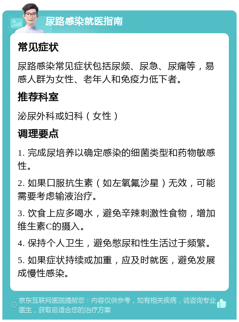 尿路感染就医指南 常见症状 尿路感染常见症状包括尿频、尿急、尿痛等，易感人群为女性、老年人和免疫力低下者。 推荐科室 泌尿外科或妇科（女性） 调理要点 1. 完成尿培养以确定感染的细菌类型和药物敏感性。 2. 如果口服抗生素（如左氧氟沙星）无效，可能需要考虑输液治疗。 3. 饮食上应多喝水，避免辛辣刺激性食物，增加维生素C的摄入。 4. 保持个人卫生，避免憋尿和性生活过于频繁。 5. 如果症状持续或加重，应及时就医，避免发展成慢性感染。