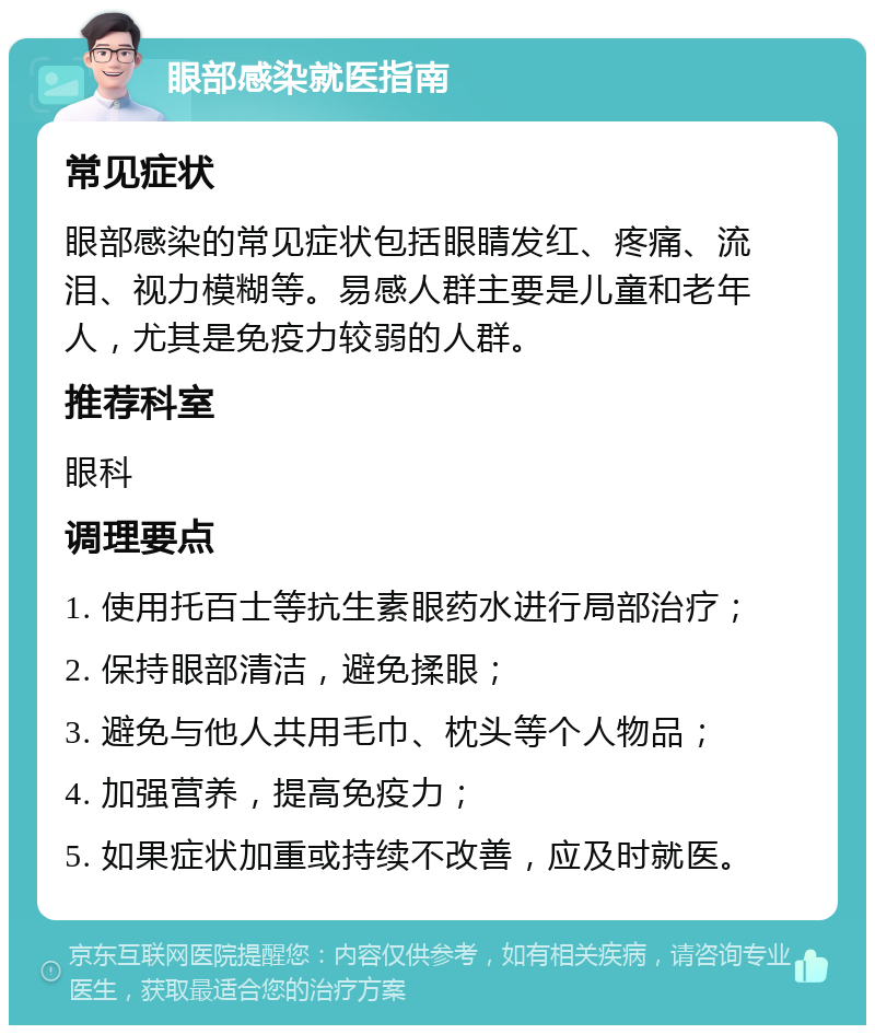 眼部感染就医指南 常见症状 眼部感染的常见症状包括眼睛发红、疼痛、流泪、视力模糊等。易感人群主要是儿童和老年人，尤其是免疫力较弱的人群。 推荐科室 眼科 调理要点 1. 使用托百士等抗生素眼药水进行局部治疗； 2. 保持眼部清洁，避免揉眼； 3. 避免与他人共用毛巾、枕头等个人物品； 4. 加强营养，提高免疫力； 5. 如果症状加重或持续不改善，应及时就医。