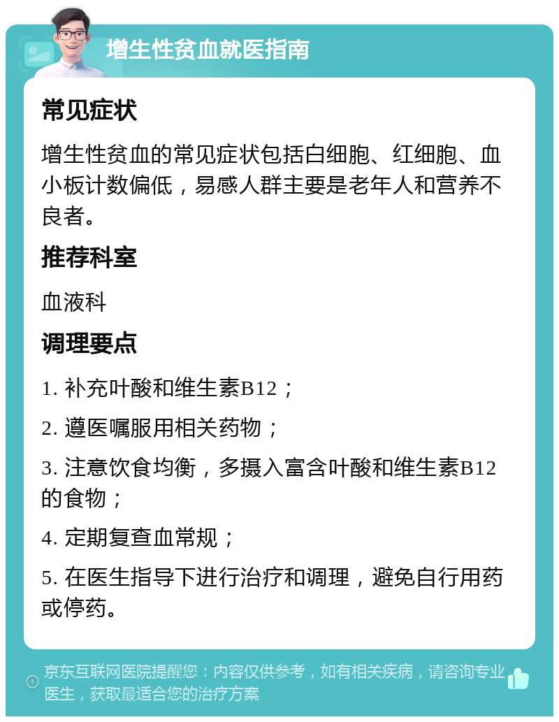 增生性贫血就医指南 常见症状 增生性贫血的常见症状包括白细胞、红细胞、血小板计数偏低，易感人群主要是老年人和营养不良者。 推荐科室 血液科 调理要点 1. 补充叶酸和维生素B12； 2. 遵医嘱服用相关药物； 3. 注意饮食均衡，多摄入富含叶酸和维生素B12的食物； 4. 定期复查血常规； 5. 在医生指导下进行治疗和调理，避免自行用药或停药。