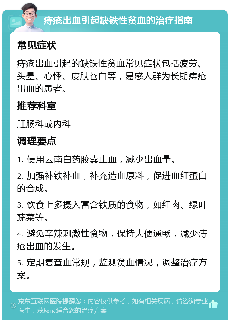 痔疮出血引起缺铁性贫血的治疗指南 常见症状 痔疮出血引起的缺铁性贫血常见症状包括疲劳、头晕、心悸、皮肤苍白等，易感人群为长期痔疮出血的患者。 推荐科室 肛肠科或内科 调理要点 1. 使用云南白药胶囊止血，减少出血量。 2. 加强补铁补血，补充造血原料，促进血红蛋白的合成。 3. 饮食上多摄入富含铁质的食物，如红肉、绿叶蔬菜等。 4. 避免辛辣刺激性食物，保持大便通畅，减少痔疮出血的发生。 5. 定期复查血常规，监测贫血情况，调整治疗方案。