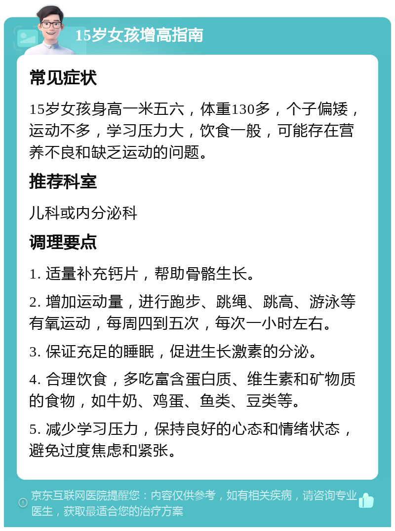 15岁女孩增高指南 常见症状 15岁女孩身高一米五六，体重130多，个子偏矮，运动不多，学习压力大，饮食一般，可能存在营养不良和缺乏运动的问题。 推荐科室 儿科或内分泌科 调理要点 1. 适量补充钙片，帮助骨骼生长。 2. 增加运动量，进行跑步、跳绳、跳高、游泳等有氧运动，每周四到五次，每次一小时左右。 3. 保证充足的睡眠，促进生长激素的分泌。 4. 合理饮食，多吃富含蛋白质、维生素和矿物质的食物，如牛奶、鸡蛋、鱼类、豆类等。 5. 减少学习压力，保持良好的心态和情绪状态，避免过度焦虑和紧张。