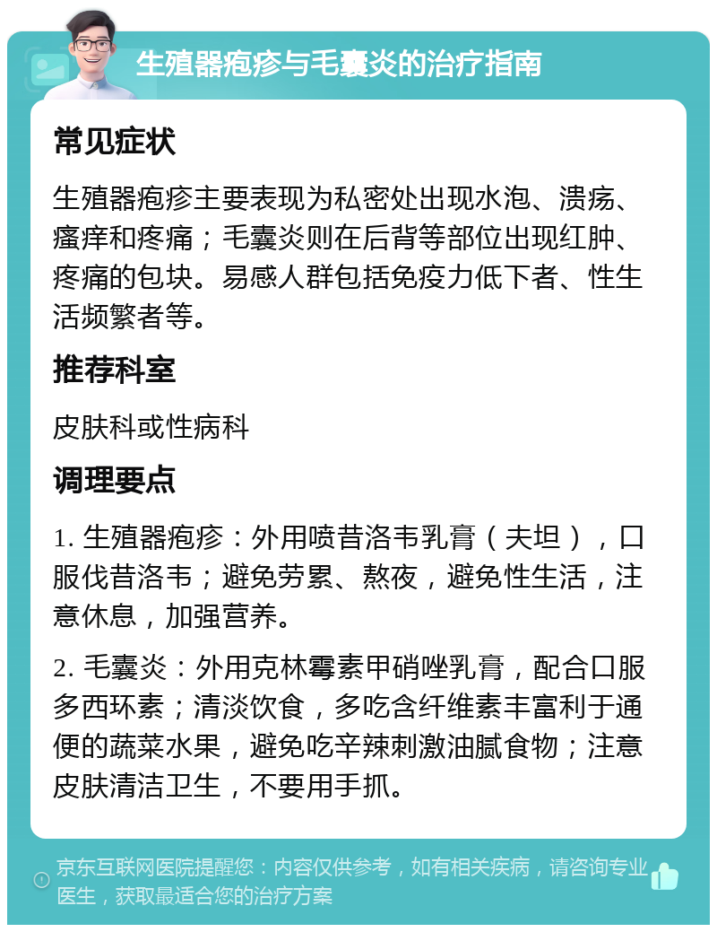 生殖器疱疹与毛囊炎的治疗指南 常见症状 生殖器疱疹主要表现为私密处出现水泡、溃疡、瘙痒和疼痛；毛囊炎则在后背等部位出现红肿、疼痛的包块。易感人群包括免疫力低下者、性生活频繁者等。 推荐科室 皮肤科或性病科 调理要点 1. 生殖器疱疹：外用喷昔洛韦乳膏（夫坦），口服伐昔洛韦；避免劳累、熬夜，避免性生活，注意休息，加强营养。 2. 毛囊炎：外用克林霉素甲硝唑乳膏，配合口服多西环素；清淡饮食，多吃含纤维素丰富利于通便的蔬菜水果，避免吃辛辣刺激油腻食物；注意皮肤清洁卫生，不要用手抓。