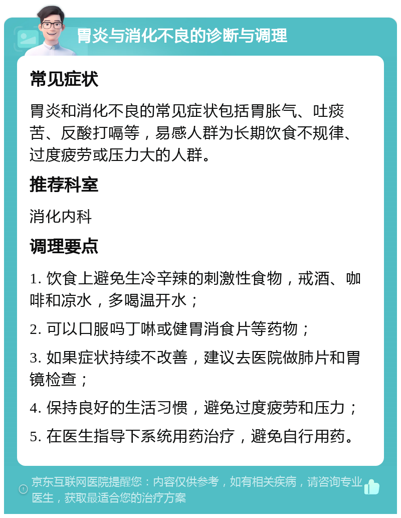 胃炎与消化不良的诊断与调理 常见症状 胃炎和消化不良的常见症状包括胃胀气、吐痰苦、反酸打嗝等，易感人群为长期饮食不规律、过度疲劳或压力大的人群。 推荐科室 消化内科 调理要点 1. 饮食上避免生冷辛辣的刺激性食物，戒酒、咖啡和凉水，多喝温开水； 2. 可以口服吗丁啉或健胃消食片等药物； 3. 如果症状持续不改善，建议去医院做肺片和胃镜检查； 4. 保持良好的生活习惯，避免过度疲劳和压力； 5. 在医生指导下系统用药治疗，避免自行用药。