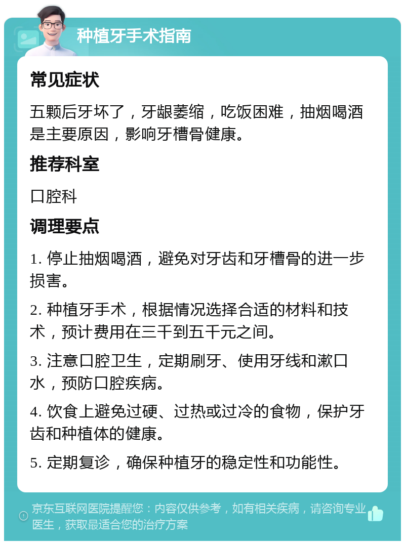 种植牙手术指南 常见症状 五颗后牙坏了，牙龈萎缩，吃饭困难，抽烟喝酒是主要原因，影响牙槽骨健康。 推荐科室 口腔科 调理要点 1. 停止抽烟喝酒，避免对牙齿和牙槽骨的进一步损害。 2. 种植牙手术，根据情况选择合适的材料和技术，预计费用在三千到五千元之间。 3. 注意口腔卫生，定期刷牙、使用牙线和漱口水，预防口腔疾病。 4. 饮食上避免过硬、过热或过冷的食物，保护牙齿和种植体的健康。 5. 定期复诊，确保种植牙的稳定性和功能性。