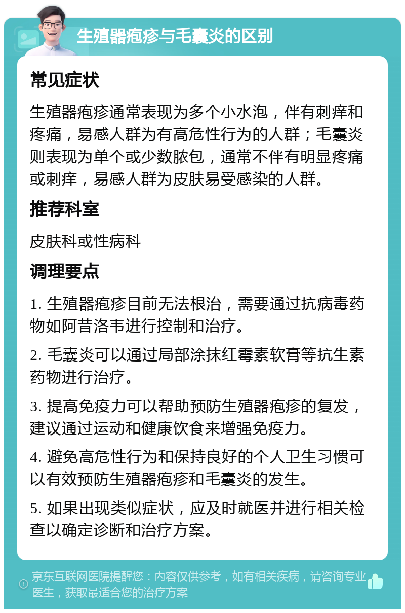 生殖器疱疹与毛囊炎的区别 常见症状 生殖器疱疹通常表现为多个小水泡，伴有刺痒和疼痛，易感人群为有高危性行为的人群；毛囊炎则表现为单个或少数脓包，通常不伴有明显疼痛或刺痒，易感人群为皮肤易受感染的人群。 推荐科室 皮肤科或性病科 调理要点 1. 生殖器疱疹目前无法根治，需要通过抗病毒药物如阿昔洛韦进行控制和治疗。 2. 毛囊炎可以通过局部涂抹红霉素软膏等抗生素药物进行治疗。 3. 提高免疫力可以帮助预防生殖器疱疹的复发，建议通过运动和健康饮食来增强免疫力。 4. 避免高危性行为和保持良好的个人卫生习惯可以有效预防生殖器疱疹和毛囊炎的发生。 5. 如果出现类似症状，应及时就医并进行相关检查以确定诊断和治疗方案。