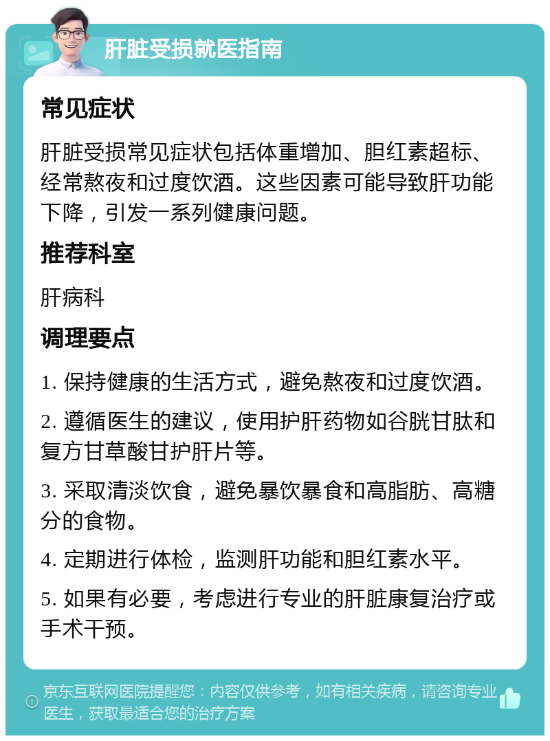 肝脏受损就医指南 常见症状 肝脏受损常见症状包括体重增加、胆红素超标、经常熬夜和过度饮酒。这些因素可能导致肝功能下降，引发一系列健康问题。 推荐科室 肝病科 调理要点 1. 保持健康的生活方式，避免熬夜和过度饮酒。 2. 遵循医生的建议，使用护肝药物如谷胱甘肽和复方甘草酸甘护肝片等。 3. 采取清淡饮食，避免暴饮暴食和高脂肪、高糖分的食物。 4. 定期进行体检，监测肝功能和胆红素水平。 5. 如果有必要，考虑进行专业的肝脏康复治疗或手术干预。