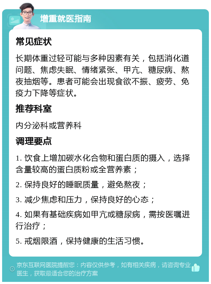 增重就医指南 常见症状 长期体重过轻可能与多种因素有关，包括消化道问题、焦虑失眠、情绪紧张、甲亢、糖尿病、熬夜抽烟等。患者可能会出现食欲不振、疲劳、免疫力下降等症状。 推荐科室 内分泌科或营养科 调理要点 1. 饮食上增加碳水化合物和蛋白质的摄入，选择含量较高的蛋白质粉或全营养素； 2. 保持良好的睡眠质量，避免熬夜； 3. 减少焦虑和压力，保持良好的心态； 4. 如果有基础疾病如甲亢或糖尿病，需按医嘱进行治疗； 5. 戒烟限酒，保持健康的生活习惯。