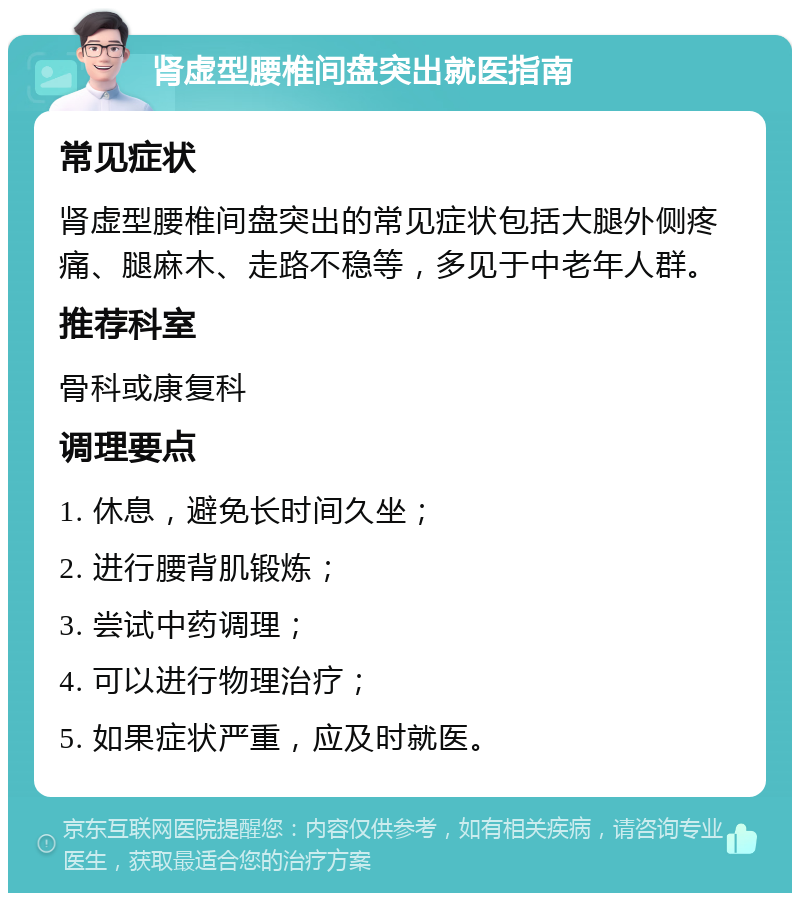 肾虚型腰椎间盘突出就医指南 常见症状 肾虚型腰椎间盘突出的常见症状包括大腿外侧疼痛、腿麻木、走路不稳等，多见于中老年人群。 推荐科室 骨科或康复科 调理要点 1. 休息，避免长时间久坐； 2. 进行腰背肌锻炼； 3. 尝试中药调理； 4. 可以进行物理治疗； 5. 如果症状严重，应及时就医。