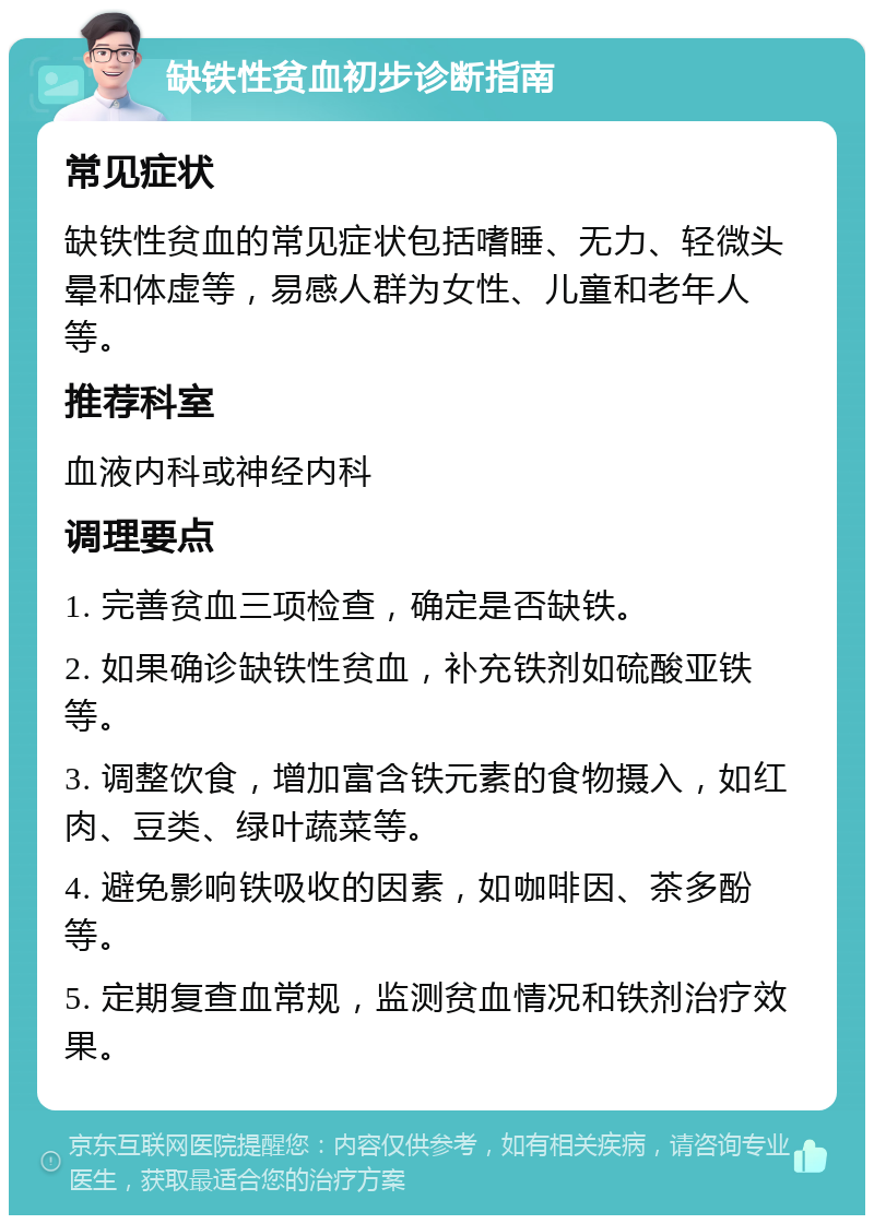 缺铁性贫血初步诊断指南 常见症状 缺铁性贫血的常见症状包括嗜睡、无力、轻微头晕和体虚等，易感人群为女性、儿童和老年人等。 推荐科室 血液内科或神经内科 调理要点 1. 完善贫血三项检查，确定是否缺铁。 2. 如果确诊缺铁性贫血，补充铁剂如硫酸亚铁等。 3. 调整饮食，增加富含铁元素的食物摄入，如红肉、豆类、绿叶蔬菜等。 4. 避免影响铁吸收的因素，如咖啡因、茶多酚等。 5. 定期复查血常规，监测贫血情况和铁剂治疗效果。