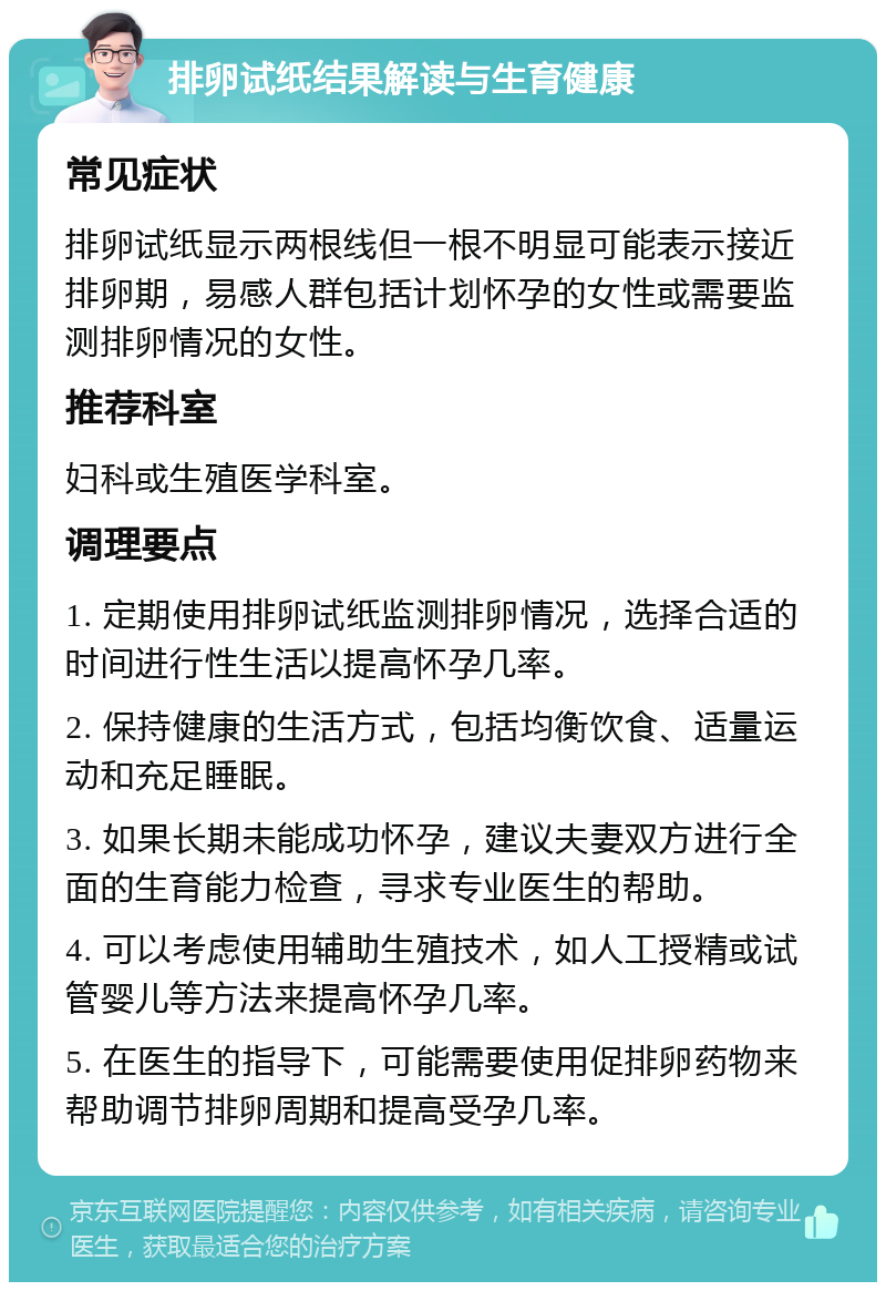 排卵试纸结果解读与生育健康 常见症状 排卵试纸显示两根线但一根不明显可能表示接近排卵期，易感人群包括计划怀孕的女性或需要监测排卵情况的女性。 推荐科室 妇科或生殖医学科室。 调理要点 1. 定期使用排卵试纸监测排卵情况，选择合适的时间进行性生活以提高怀孕几率。 2. 保持健康的生活方式，包括均衡饮食、适量运动和充足睡眠。 3. 如果长期未能成功怀孕，建议夫妻双方进行全面的生育能力检查，寻求专业医生的帮助。 4. 可以考虑使用辅助生殖技术，如人工授精或试管婴儿等方法来提高怀孕几率。 5. 在医生的指导下，可能需要使用促排卵药物来帮助调节排卵周期和提高受孕几率。